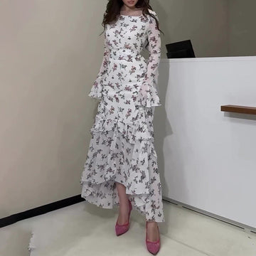 Women's Round Neck Broken Flower Horn Sleeve High Waist To Repair Temperament Irregular Lotus Leaf Skirt